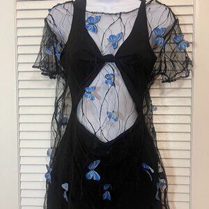SHEIN Sheer Butterfly Mesh Top Black Blue Size S Y2K